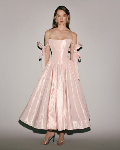 Elegant Light Pink A-Line Strapless Bow Satin Dress Evening Prom Dress L25