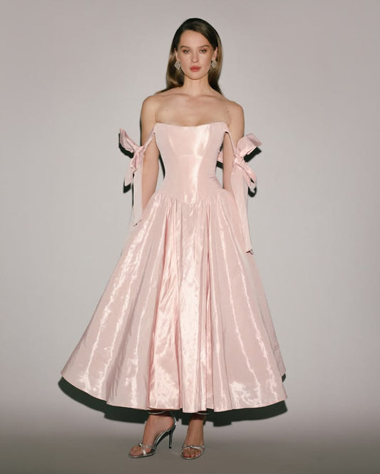 Elegant Light Pink A-Line Strapless Bow Satin Dress Evening Prom Dress L25