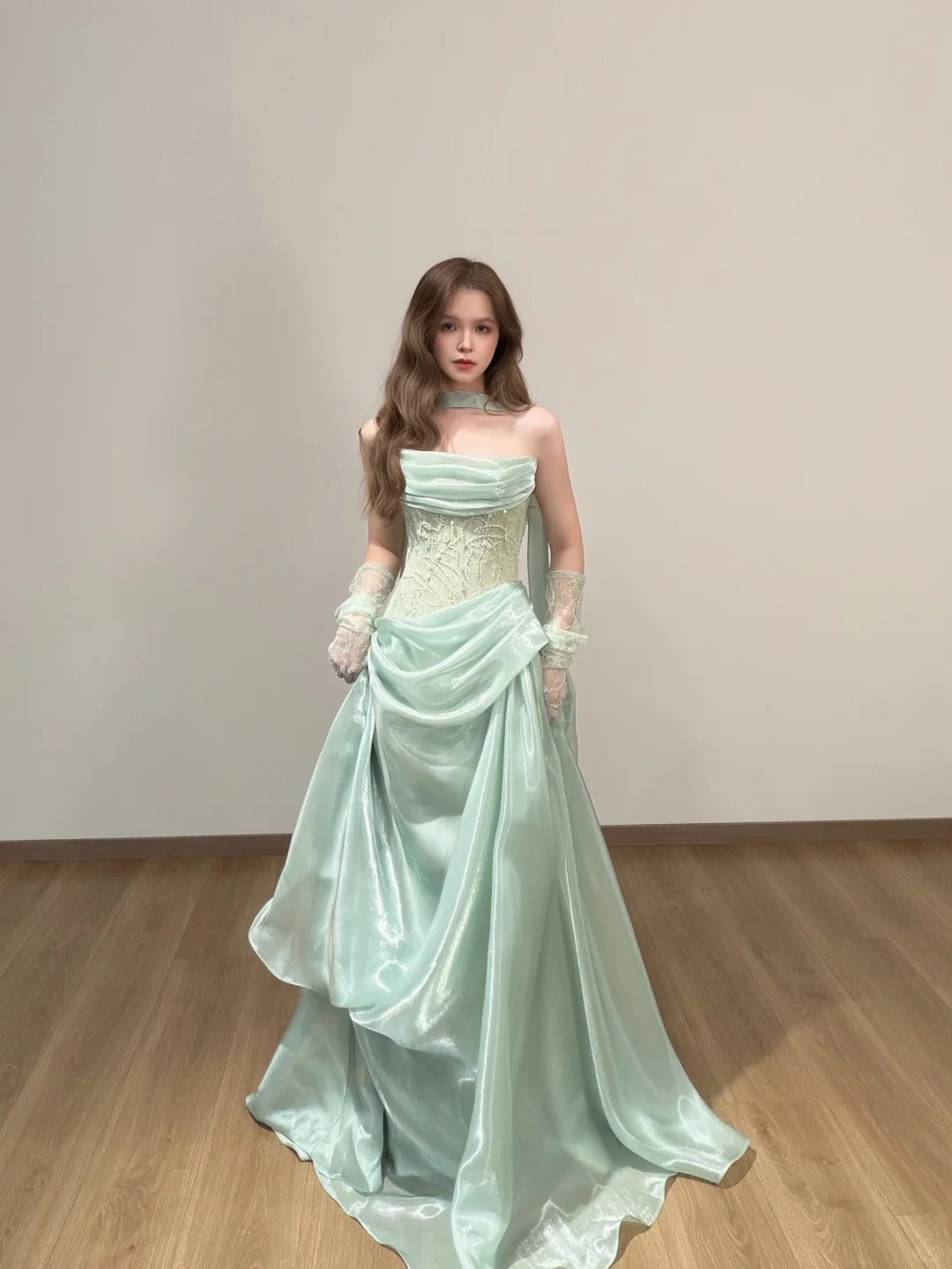 Classy Mint Green A-Line Strapless Appliques Organza Dress Prom Evening Dress L250