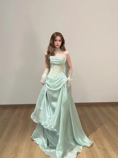 Classy Mint Green A-Line Strapless Appliques Organza Dress Prom Evening Dress L250