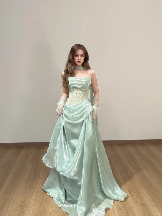 Classy Mint Green A-Line Strapless Appliques Organza Dress Prom Evening Dress L250
