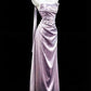 Classy Purple Mermaid Strapless Handmade Flowers Ruched Satin Dress Prom Evening Dress L255