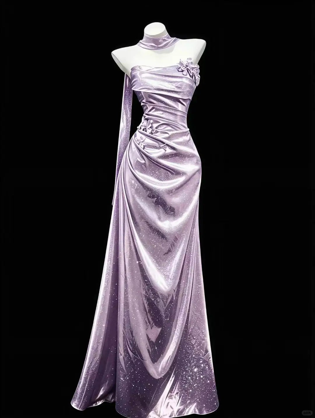 Classy Purple Mermaid Strapless Handmade Flowers Ruched Satin Dress Prom Evening Dress L255