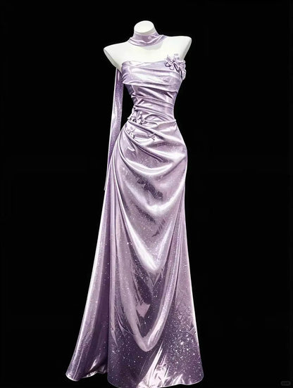 Classy Purple Mermaid Strapless Handmade Flowers Ruched Satin Dress Prom Evening Dress L255
