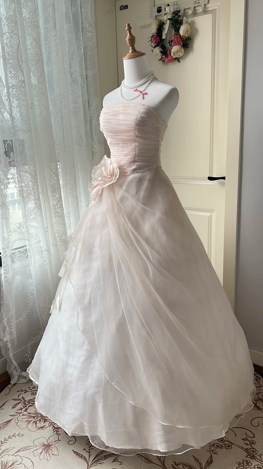 Sweet Light Pink Ball Gown Strapless Handmade Flowers Ruched Dress Quinceanera Dress 16 L256