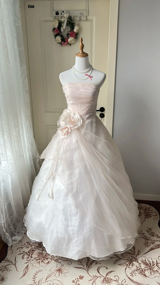 Sweet Light Pink Ball Gown Strapless Handmade Flowers Ruched Dress Quinceanera Dress 16 L256