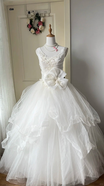 Classy White Ball Gown V-Neck Beaded Appliques Tulle Dress  Quinceanera Dress 16 L257