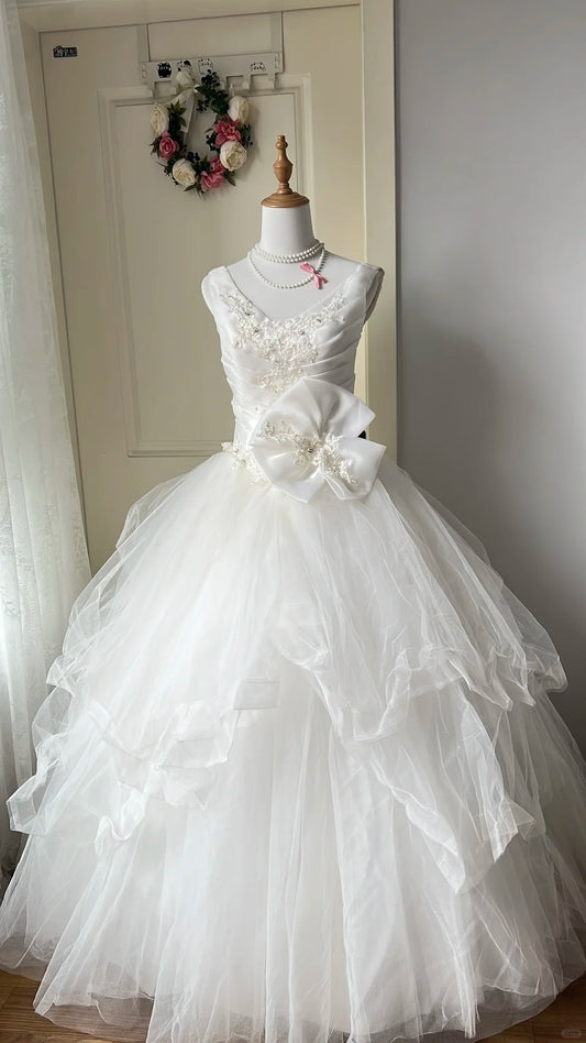 Classy White Ball Gown V-Neck Beaded Appliques Tulle Dress  Quinceanera Dress 16 L257