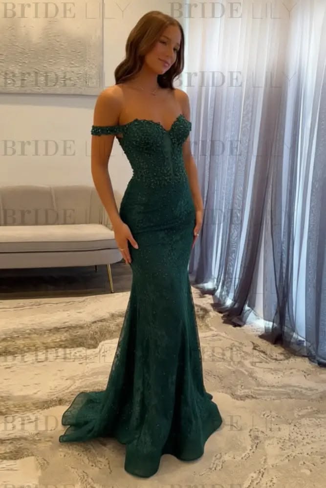 Chic Dard Green Mermaid Off-The-Shoulder Appliques Beaded Tulle Dress Prom Evening Dress L259