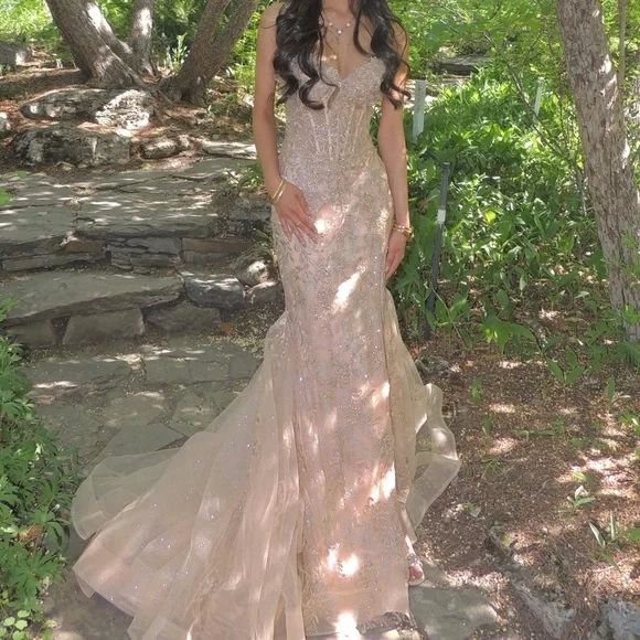 Pretty Champagne Mermaid Spaghetti Strap Sequins Embroidery Tulle Dress Prom Dress L260
