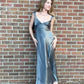 Chic Silver-Grey Sheath V-Neck Ruched Satin Dress Prom Dress Evening Dress L261
