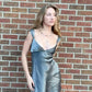Chic Silver-Grey Sheath V-Neck Ruched Satin Dress Prom Dress Evening Dress L261