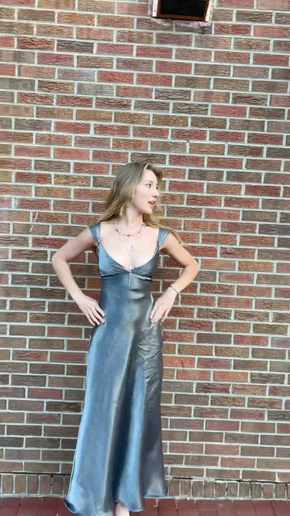 Chic Silver-Grey Sheath V-Neck Ruched Satin Dress Prom Dress Evening Dress L261