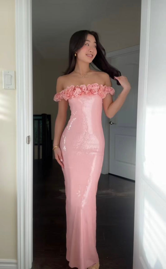 Pretty Pink Sheath Off-The-Shoulder Handmade Flowers Satin Dress Prom Evening Dress L262