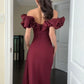 Modest Burgundy Sheath Off-The-Shoulder Slit Ruched Satin Dress Prom Evening Dress L263