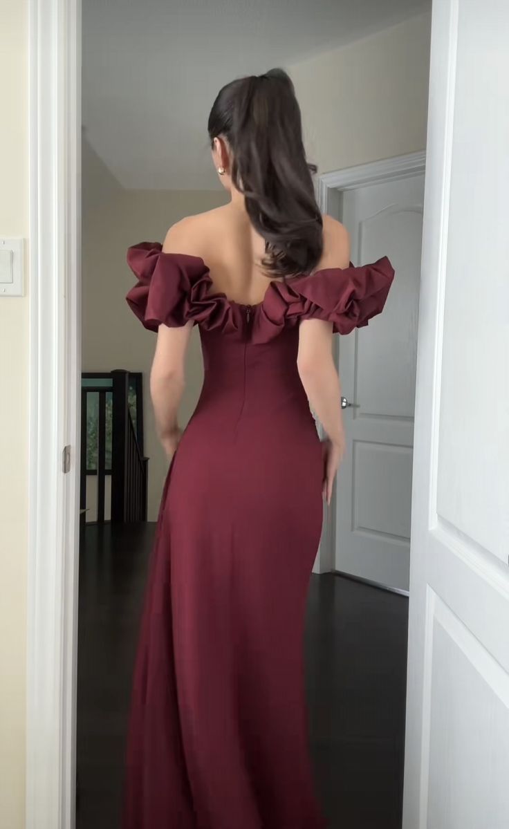 Modest Burgundy Sheath Off-The-Shoulder Slit Ruched Satin Dress Prom Evening Dress L263