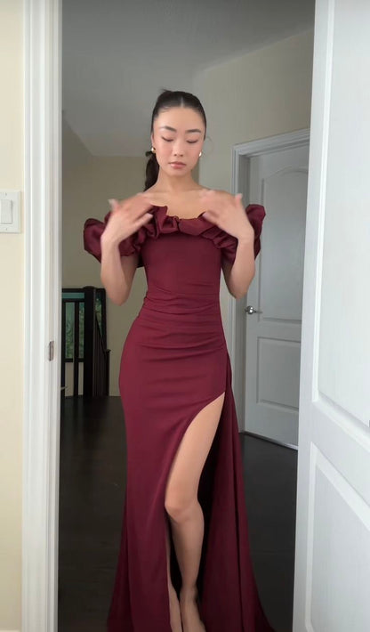 Modest Burgundy Sheath Off-The-Shoulder Slit Ruched Satin Dress Prom Evening Dress L263