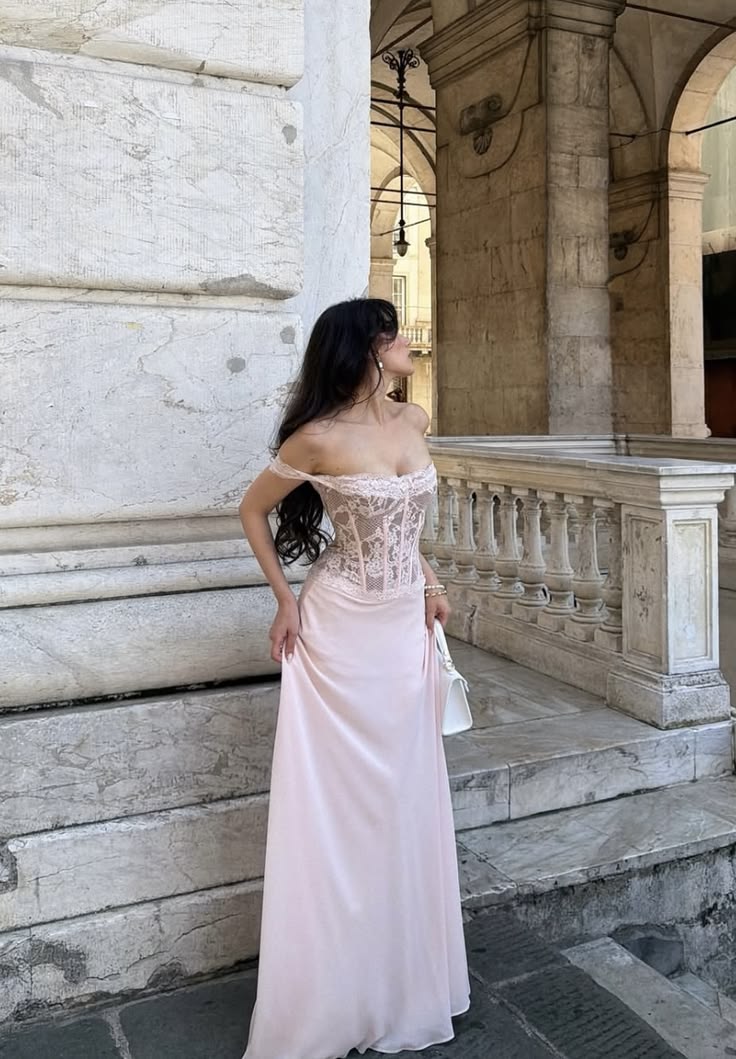 Sweet Light Pink A-Line Off-The-Shoulder Lace Chiffon Dress Prom Dress Evening Dress L264