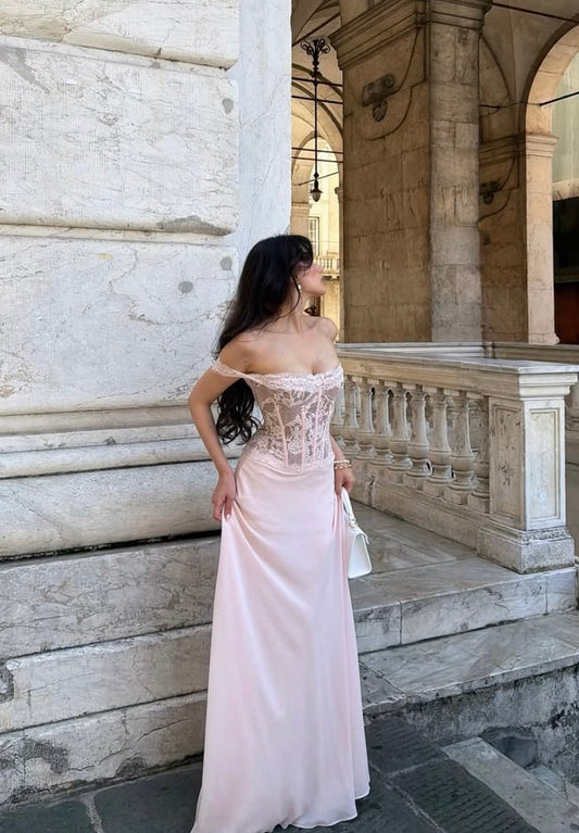 Sweet Light Pink A-Line Off-The-Shoulder Lace Chiffon Dress Prom Dress Evening Dress L264
