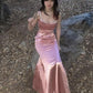 Elegant Peach Mermaid Spaghetti Strap Ruched Satin Dress Prom Dress Evening Dress L265