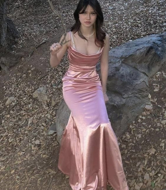 Elegant Peach Mermaid Spaghetti Strap Ruched Satin Dress Prom Dress Evening Dress L265