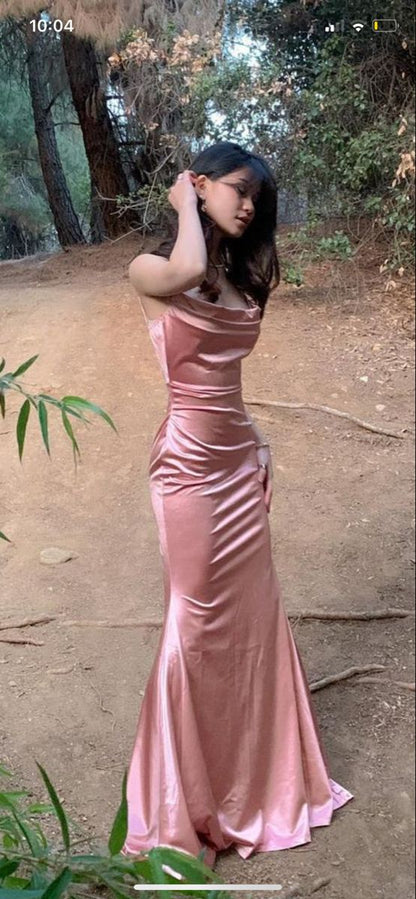 Elegant Peach Mermaid Spaghetti Strap Ruched Satin Dress Prom Dress Evening Dress L265