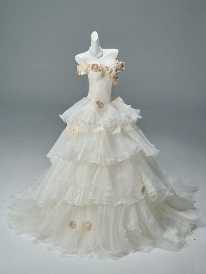 Sweet Ivory Ball Gown Strapless Handmade Flowers Ruffled Tulle Dress Quinceanera Dress 16 L267