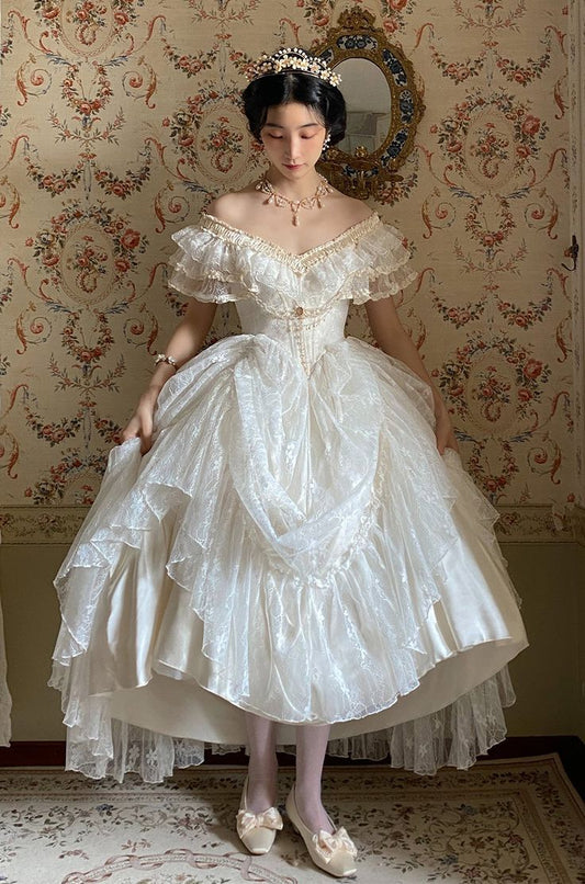 Princess Cream Ball Gown V-Neck Ruffled Corset Tulle Dress Prom Quinceanera Dress 16 L268