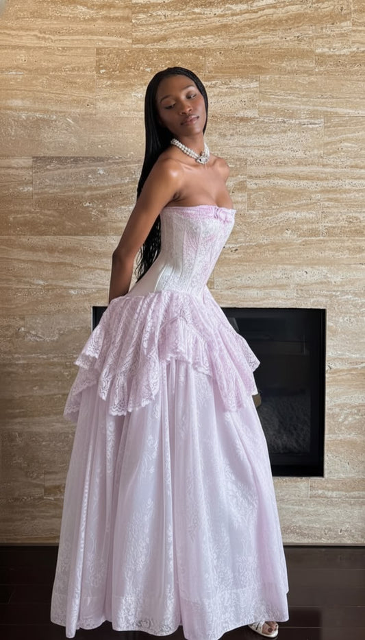 Sweet Pink Ball Gown Strapless Lace Ruffled Corset Tulle Dress Prom Dress Quinceanera Dress 16  L272