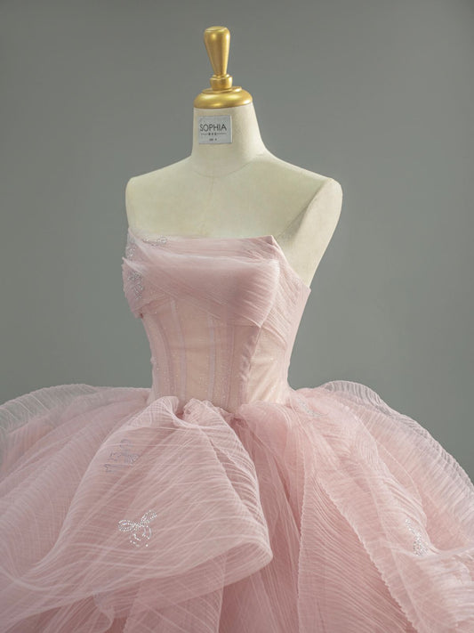Dreamy Pink Ball Gown Strapless Ruffled Corset Tulle Dress Prom Quinceanera Dress 16 L274