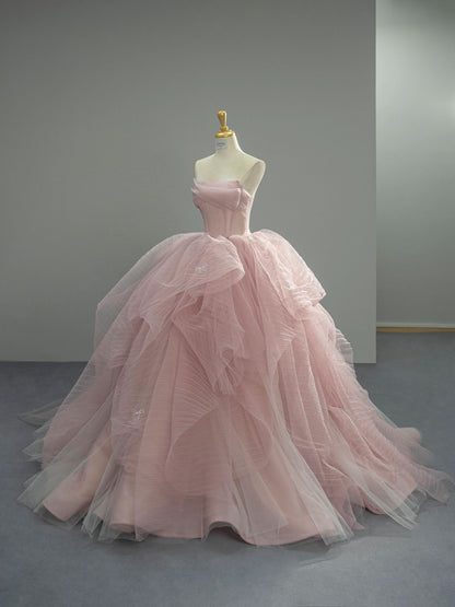 Dreamy Pink Ball Gown Strapless Ruffled Corset Tulle Dress Prom Quinceanera Dress 16 L274