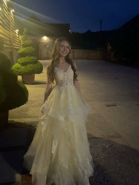 Gorgeous Yellow A-Line Spaghetti Strap Lace Appliques Ruffled Tulle Dress Prom Evening Dress L276