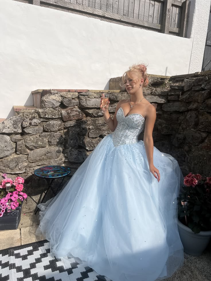 Princess Light Blue Ball Gown Sweetheart Rhestone Sequins Tulle Dress Quinceanera Dress 16 L278