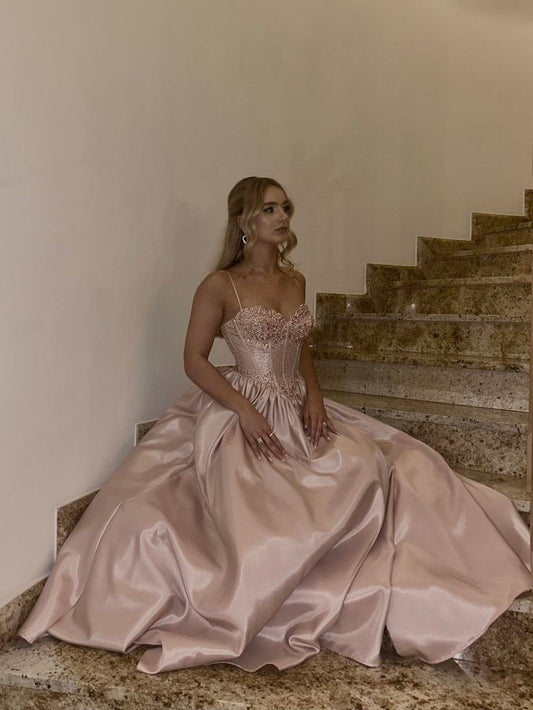 Gorgeous Pink Ball Gown Spaghetti Strap Rhinetone Beaded Satin Dress Quinceanera Dress 16 L280