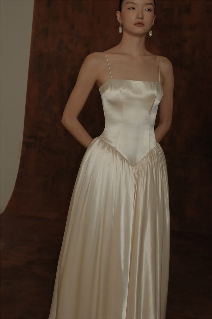 Classy Cream A-Line Spaghetti Strap Corset Satin Dress Prom Dress Evening Dress L284