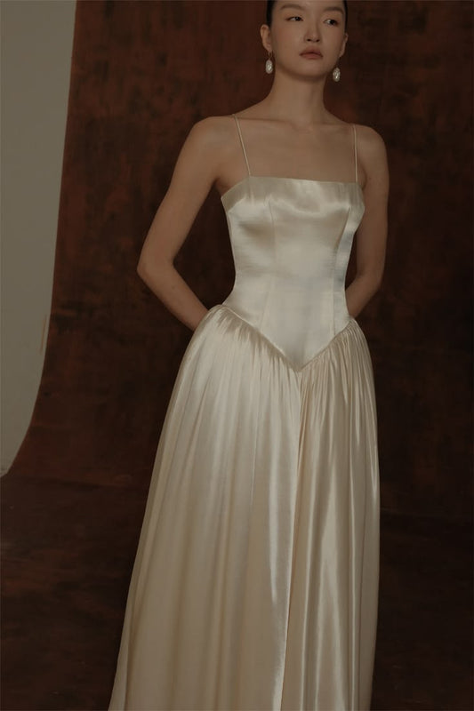 Classy Cream A-Line Spaghetti Strap Corset Satin Dress Prom Dress Evening Dress L284