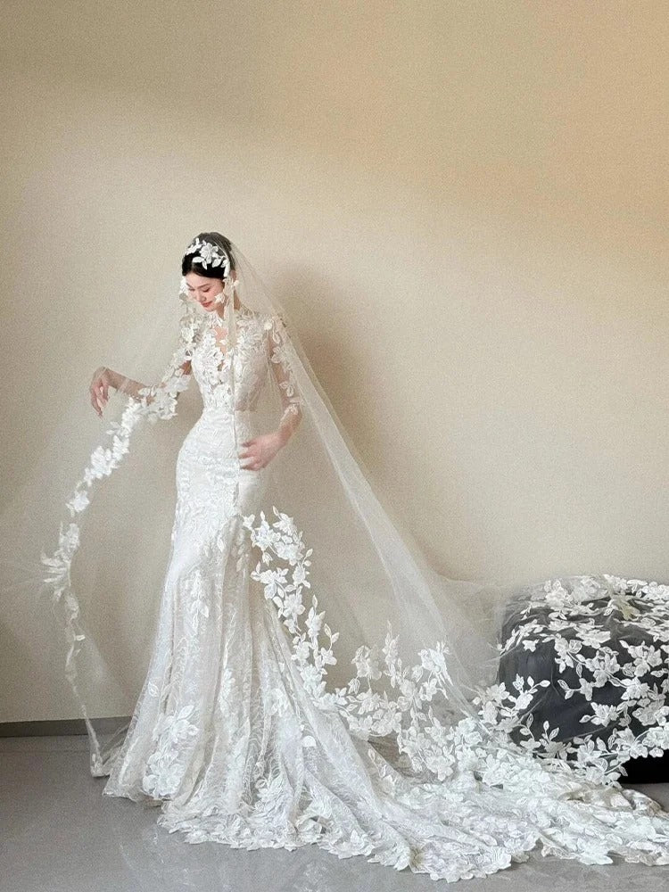 Romantic White Lace Wedding Dress Sweetheart Mermaid Floral Embroidery Garden Wedding Dress L29