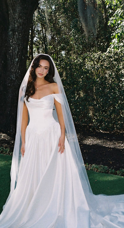 Elegant White Satin Wedding Dress Off-The-Shoulder A-Line Ruched Church Wedding Dress L292