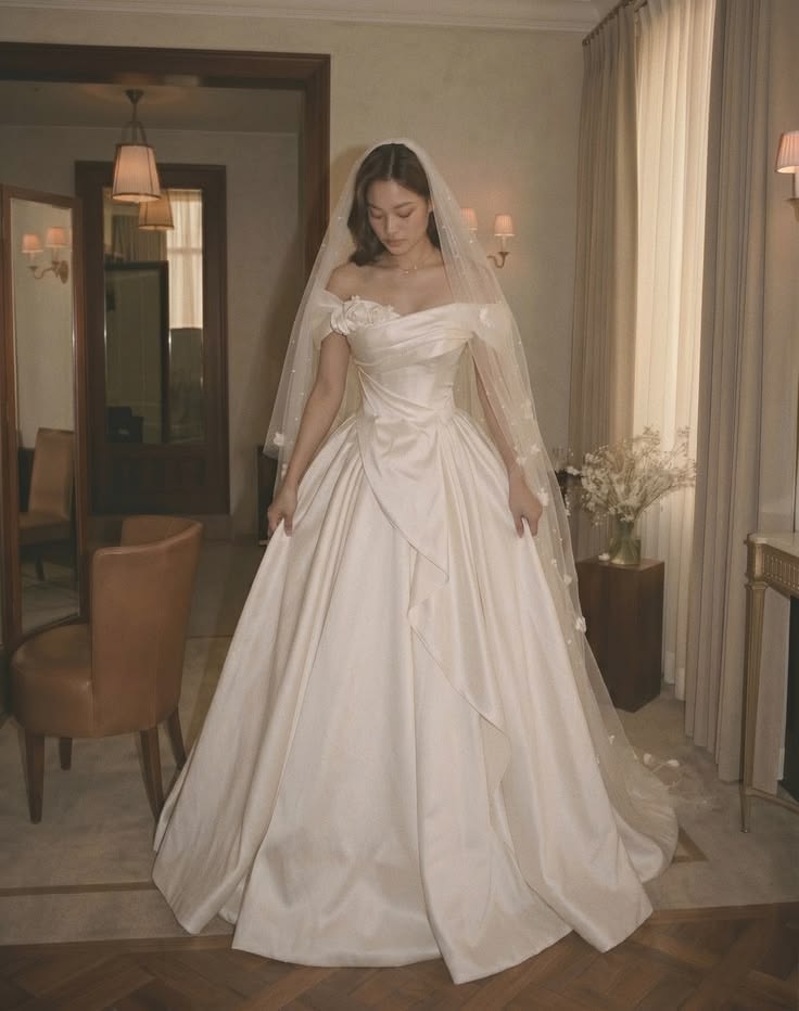 Modest White Satin Wedding Dress Off-The-Shoulder Ball Gown Ruffled Church Wedding Dress L293