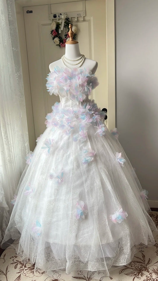 Fairy White Ball Gown Strapless Appliques Sequins Corset Tulle Dress Quinceanera Dress 16 L296