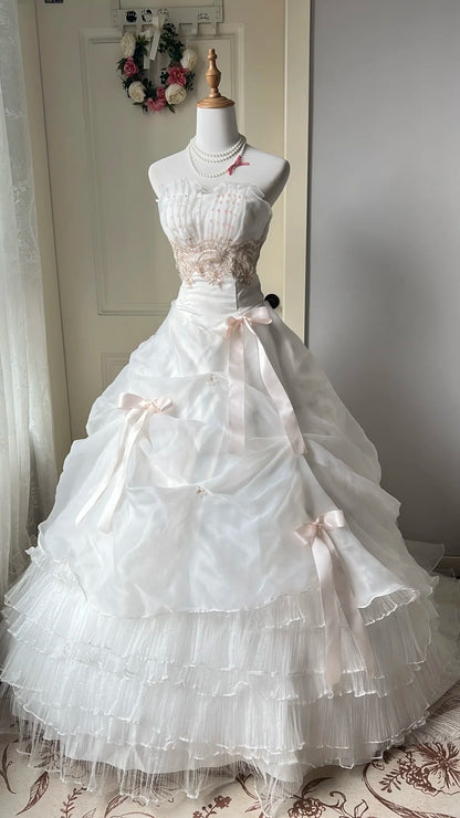 Gorgeous White Ball Gown Strapless Appliques Bow Sequins Tulle Dress Quinceanera Dress 16 L297