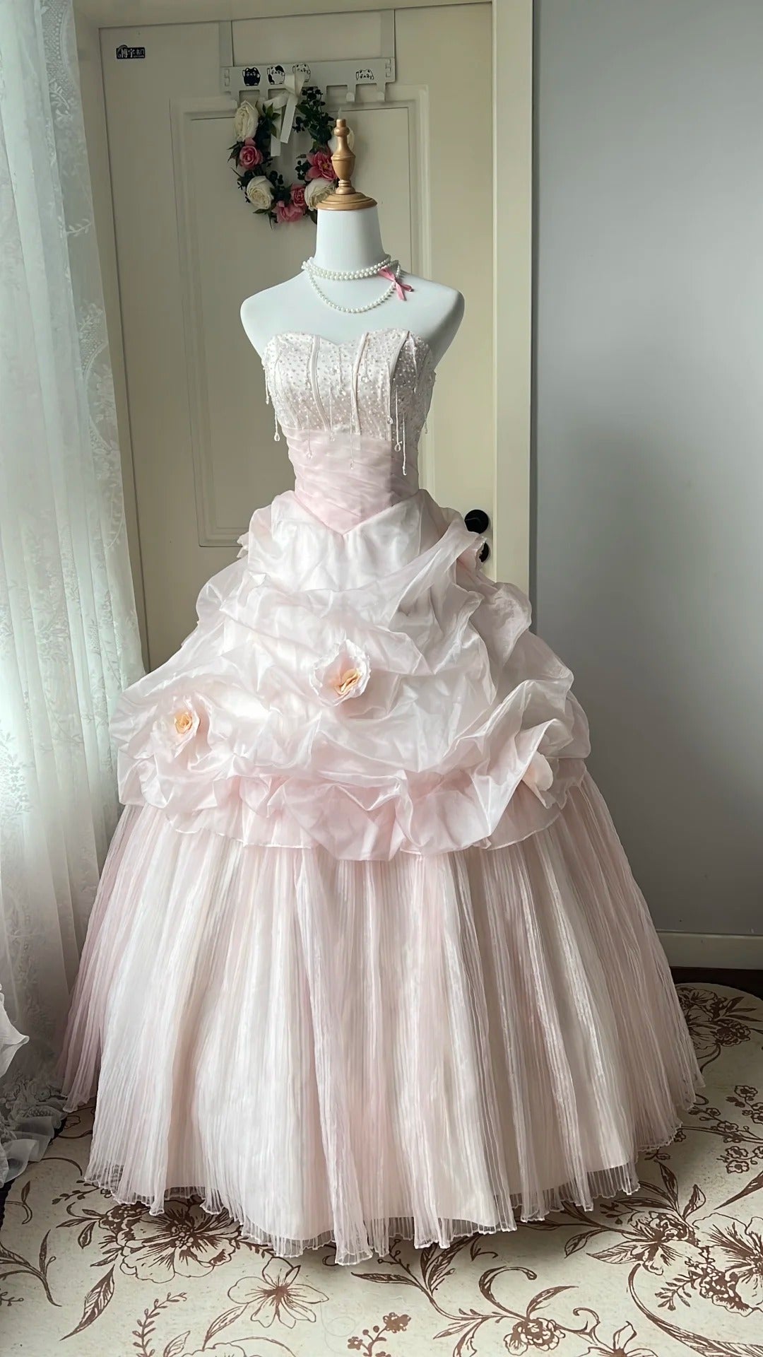 Fairy Pink Ball Gown Sweetheart Rhinestone Beaded Floral Tulle Dress Quinceanera Dress 16 L299