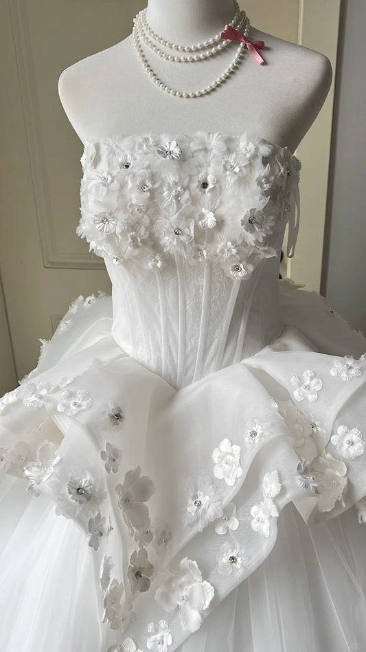Pretty White Ball Gown Strapless Appliques Beaded Corset Tulle Dress Quinceanera Dress 16 L300