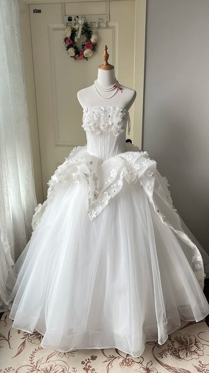 Pretty White Ball Gown Strapless Appliques Beaded Corset Tulle Dress Quinceanera Dress 16 L300