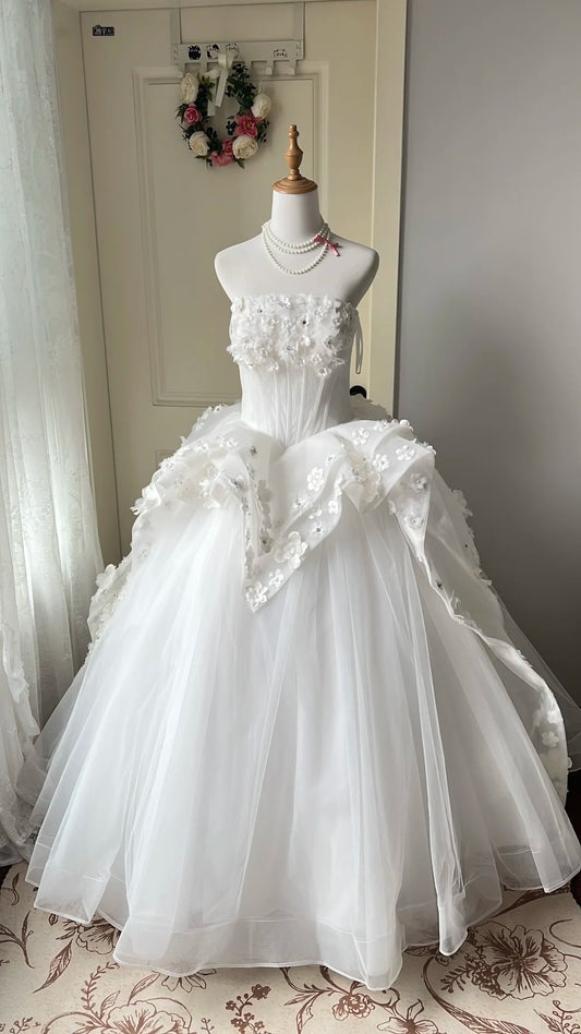 Pretty White Ball Gown Strapless Appliques Beaded Corset Tulle Dress Quinceanera Dress 16 L300