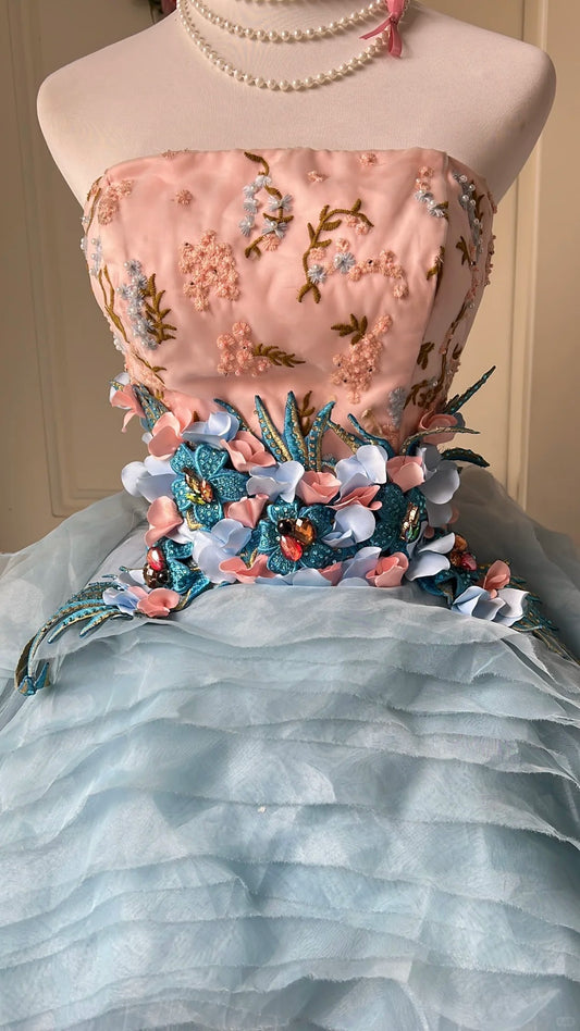 Pretty Blue Ball Gown Strapless Appliques Beaded Rhinestone Tulle Dress Quinceanera Dress 16 L301