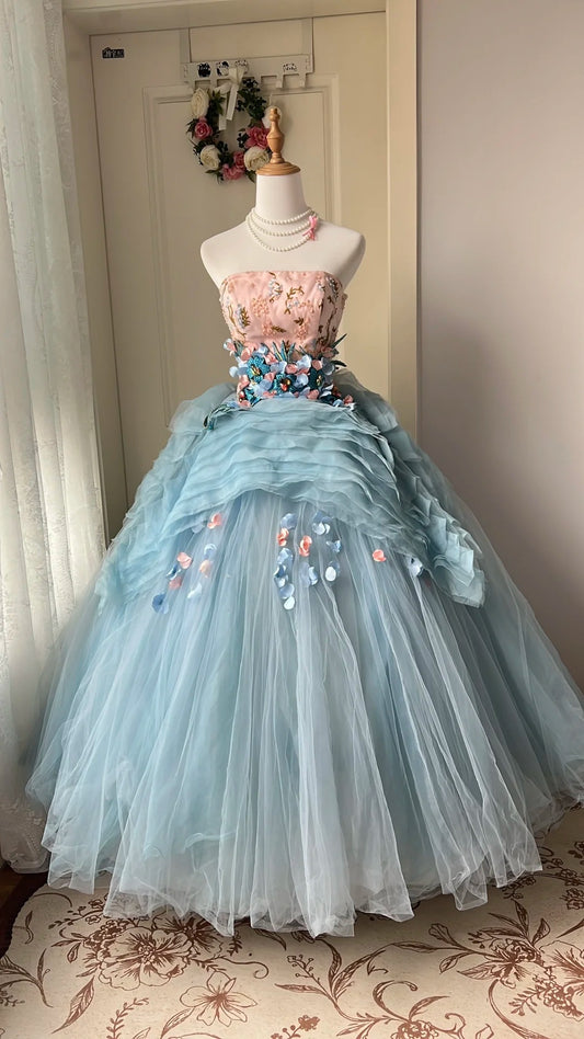 Pretty Blue Ball Gown Strapless Appliques Beaded Rhinestone Tulle Dress Quinceanera Dress 16 L301