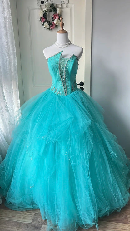Pretty Turquoise Ball Gown Strapless Rhinestone Sequins Tulle Dress Quinceanera Dress 16 L302
