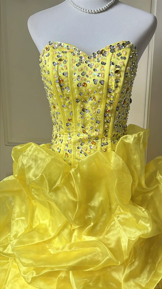 Chic Yellow Ball Gown Sweetheart Rhinestone Beaded Corset Tulle Dress Quinceanera Dress 16 L303