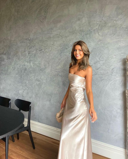 Simple Cream A-Line Strapless Satin Dress Prom Dress Evening Dress L306